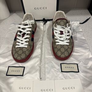 Gucci Beige and Red Monogram Sneakers